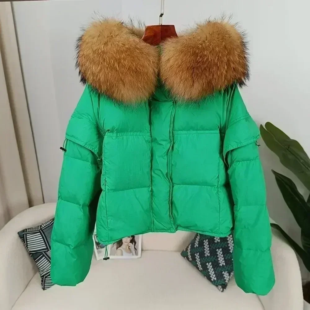 Detachable Sleeve Real Raccoon Fur Collar Jacket Outerwear Streetwear Duck Down Loose  Autumn Winter Women Hooded Fashionable