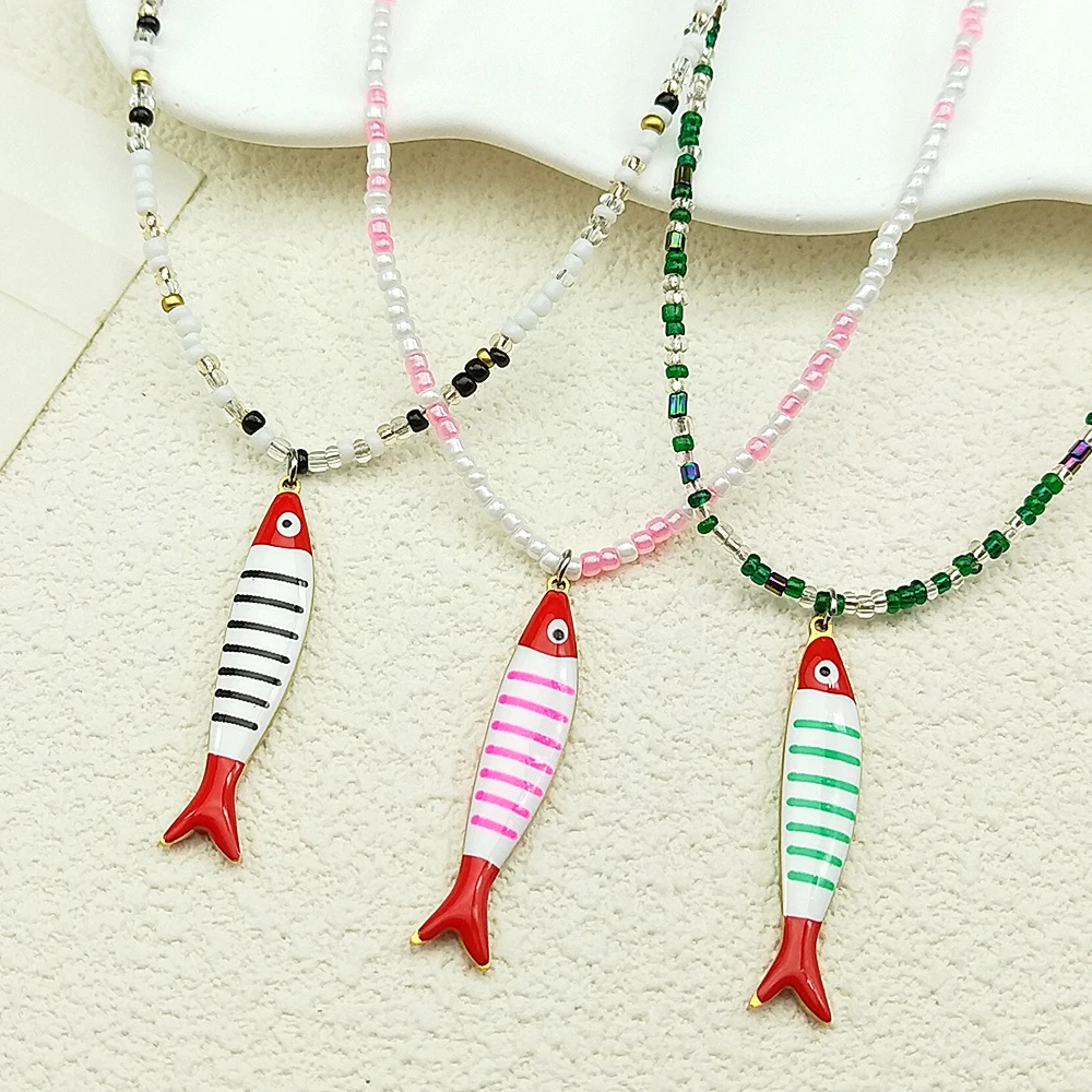 

Korean Fish Pendant Necklace For Women Girls Handmade Glass Beads Enamel Colorful Fresh Hot Summer Female Chain Jewelry Gifts