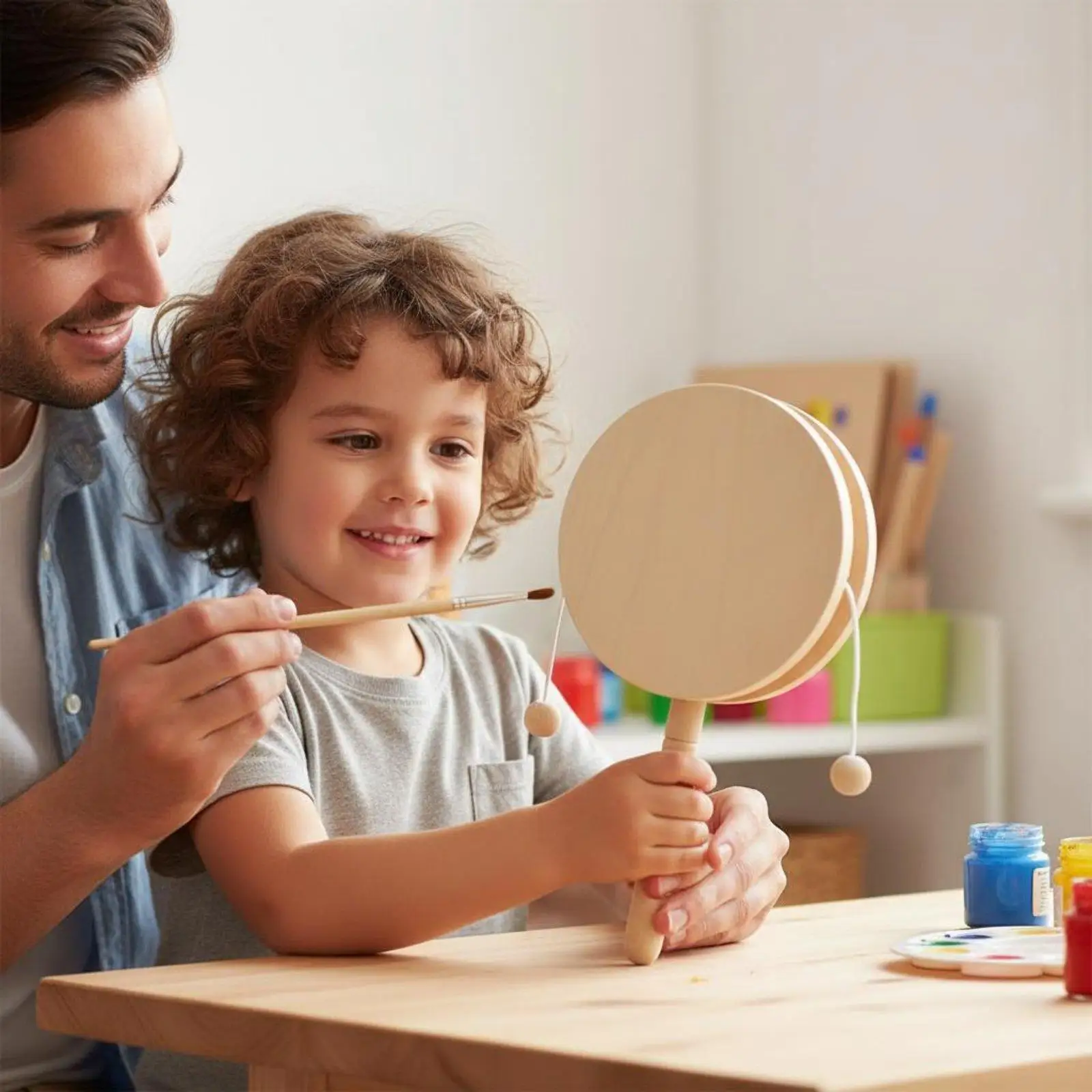 DIY Children Rattle Wooden Craft Kit Unpainted Art Toy Educational Musical Drum for Kids Creativity