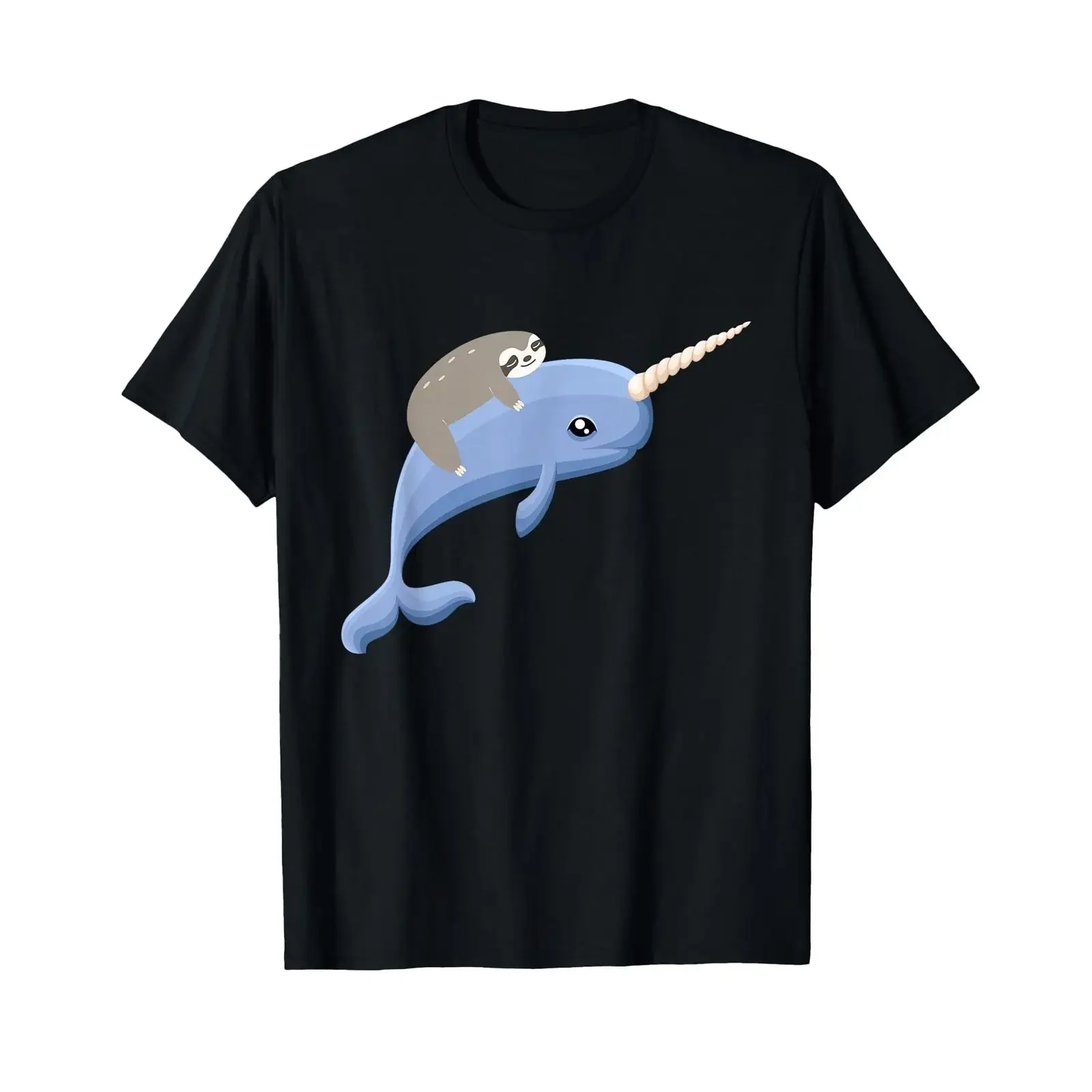 Sloth riding Narwhal Unicorn Beluga Tusk Whale T Shirt vintage Washed Slightly homme streetwear Soft fashion