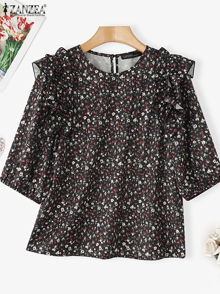

ZANZEA Summer Women Vintage Blouse Floral Printed Tunic Bohemian Tops 2025 Short Sleeve Ruffled Shirts Casual Loose Lady Blusas