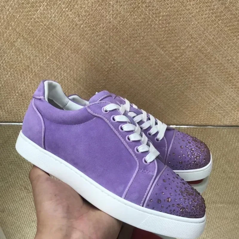 Fashion Luxury Low Top Men Trainers Driving Spiked Purple Suede Genuine Leather Wedding Rivets Crystal ToecaFlats Sneakers Shoes