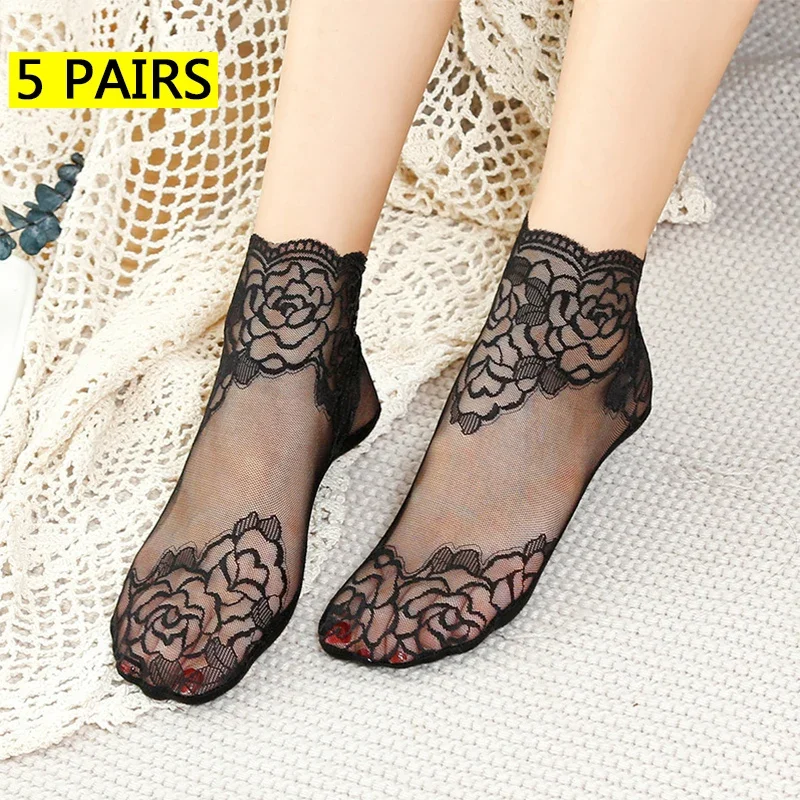

5 Pairs/Lot Lolita Women Invisible Lace Socks Thin Ladies Lace Boat Socks Hollow Non-slip Shallow Transparent Socks Women