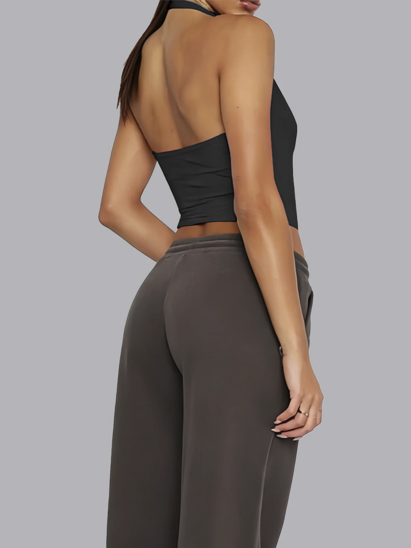 Women Halter Deep V Neck Crop Tank Tops Solid Color Sleeveless Slim Fit Camisole Vest Multi Colors Y2K Streetwear Bodycon Short