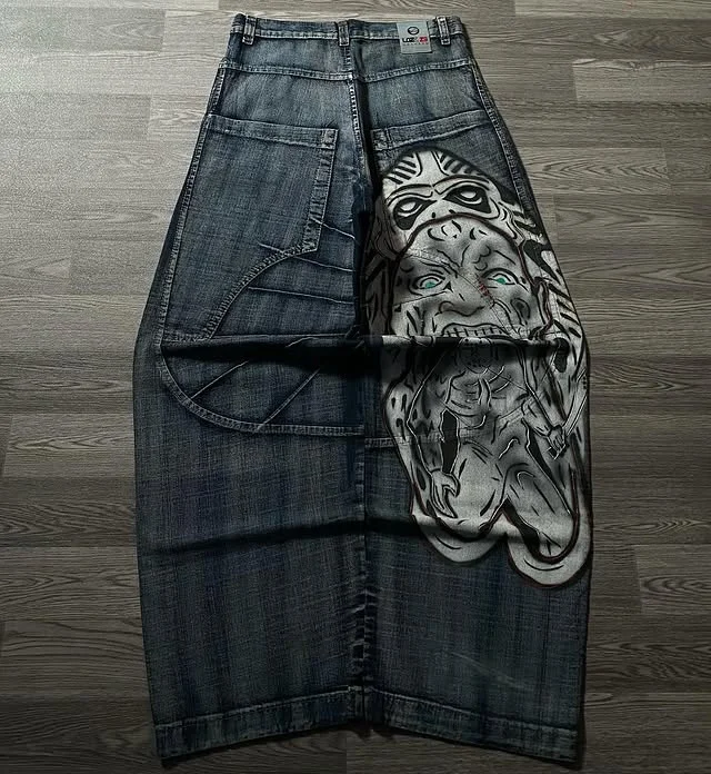 Calças Jeans com Estampa Gótica Japonesa, Moda Hip Hop Americana, Calças Largas Vintage para Mulheres