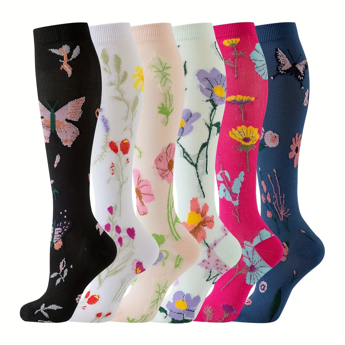 6 pairs of women's floral butterfly compression socks, multicolored tall, pressure socks