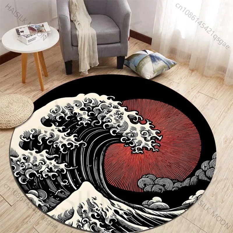 Artistic depiction of waves and red sun Printed round carpet living room sofa table large pet mat soft round carpet home decor