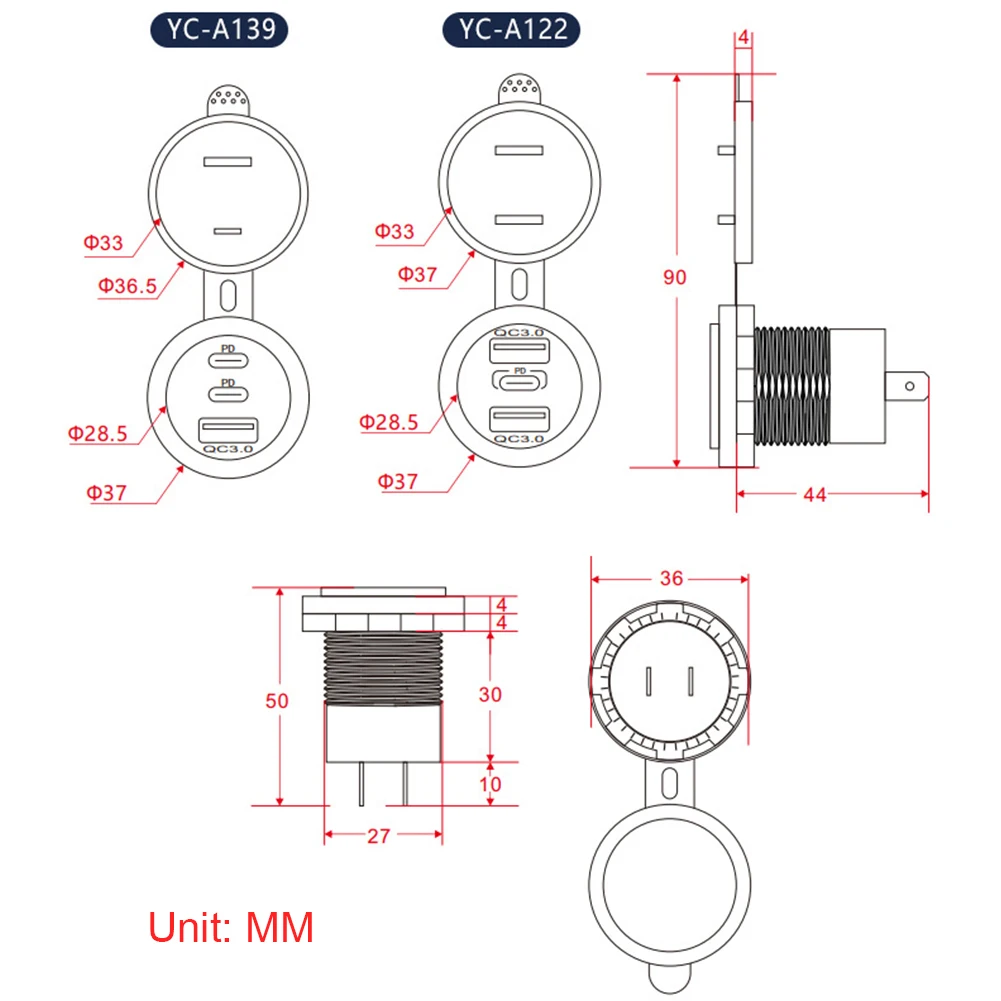 

12 В-24 В Автомобильное зарядное устройство 75 Вт PD Type C QC 3.0 Адаптер быстрой зарядки 3 порта USB-розетки Водонепроницаемое автомобильное зарядное устройство для автомобиля RV Marine