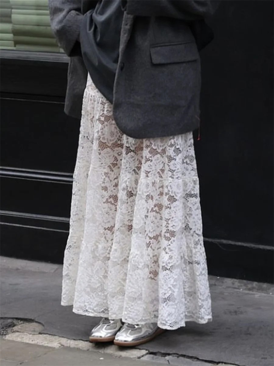 Nowa moda Koronkowe spódnice Maxi Kobiety Wysoka talia Przezroczysta elegancka długa spódnica Wszechstronny jednolity kolor Luźny Casual Jesień Zima — zdjęcie 6