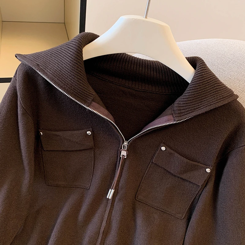 Damen Brauner Kragen Langarm Casual Pullover Y2K American High Street Harajuku Campus Retro Top Wintermantel Kleid Zubehör