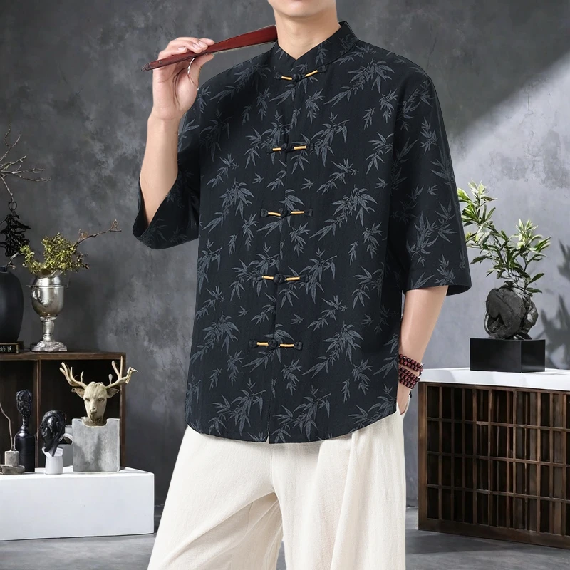 Men's Vintage Chinese Style Summer Shirt Retro Oriental Print Mandarin Collar Top Breathable Fabric Frog Buttons M-5XL