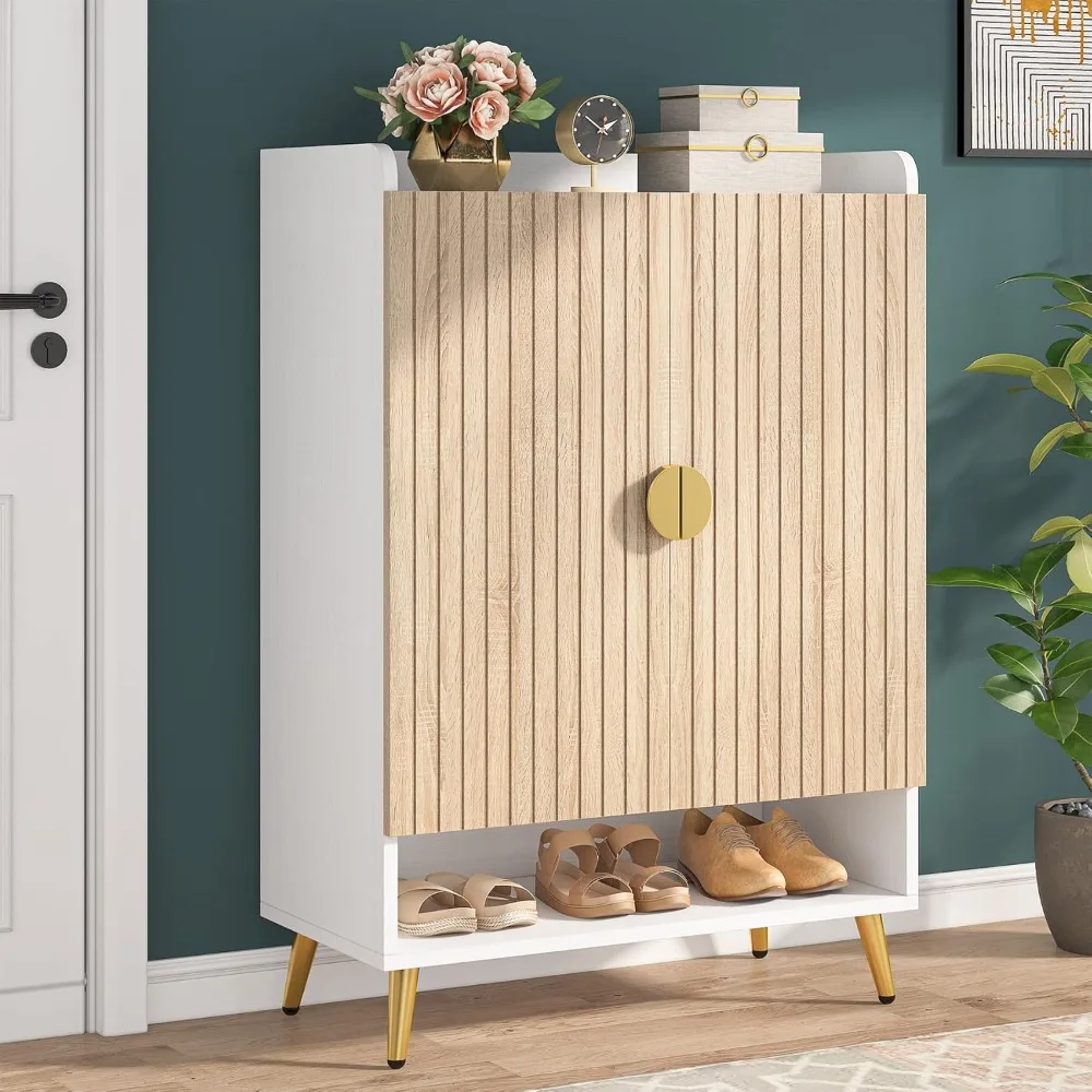 Armoire à chaussures avec portes, armoire de rangement à 7 niveaux avec étagères réglables, chaussures en bois T1