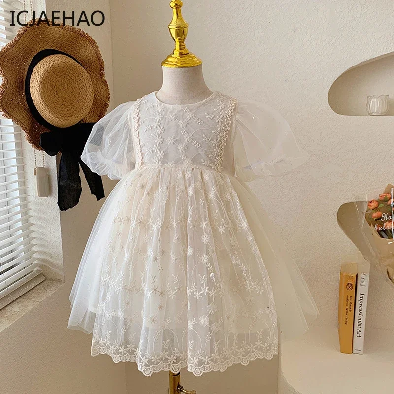 ICJAEHAO 2024 Solid Flowers Embroidery Children Party Spain Gown Girls Princess Dress Bridesmaid Clothes Wedding Elegant Tulle