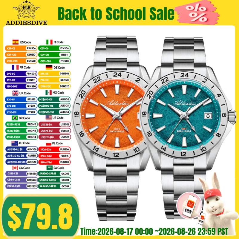 Мужские часы ADDIESDIVE GMT AD2548 из нержавеющей стали, швейцарские кварцевые часы Ronda 515-24H с сапфировым стеклом, BGW9, светящиеся, водонепроницаемые до 200 м