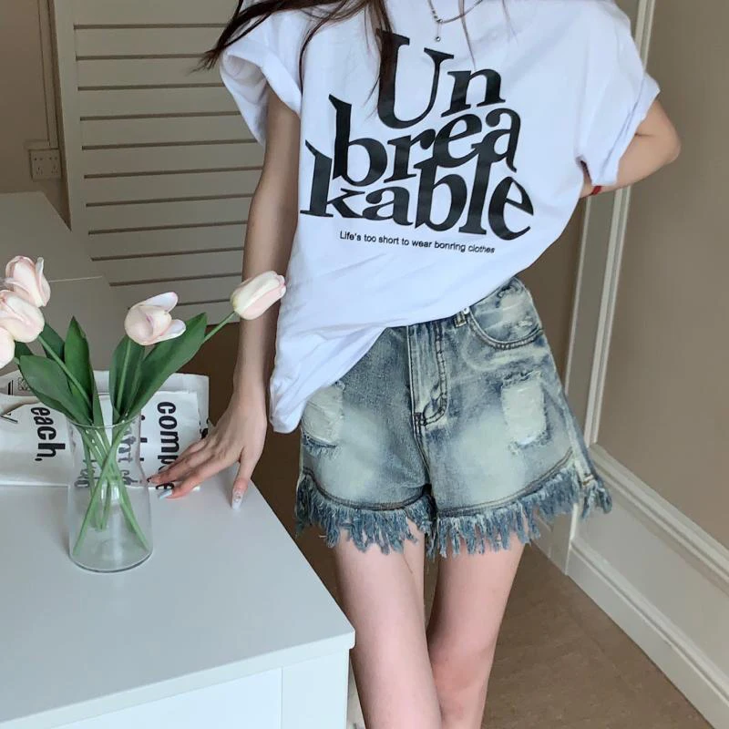 

High Waist Wide Leg Jeans ort Pants Women's Summer Faion Design Sense Frayed Hem Denim orts Straight Cut Loose Fit