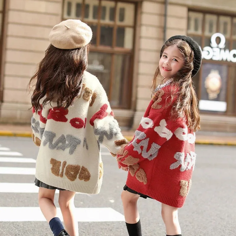 

Kids Cardigan Age4-14Y Baby Girl Casual Daily SpringAutumn Letter Knitwear Tween Girl Vintage Outfit Child Vintage Style Knitted