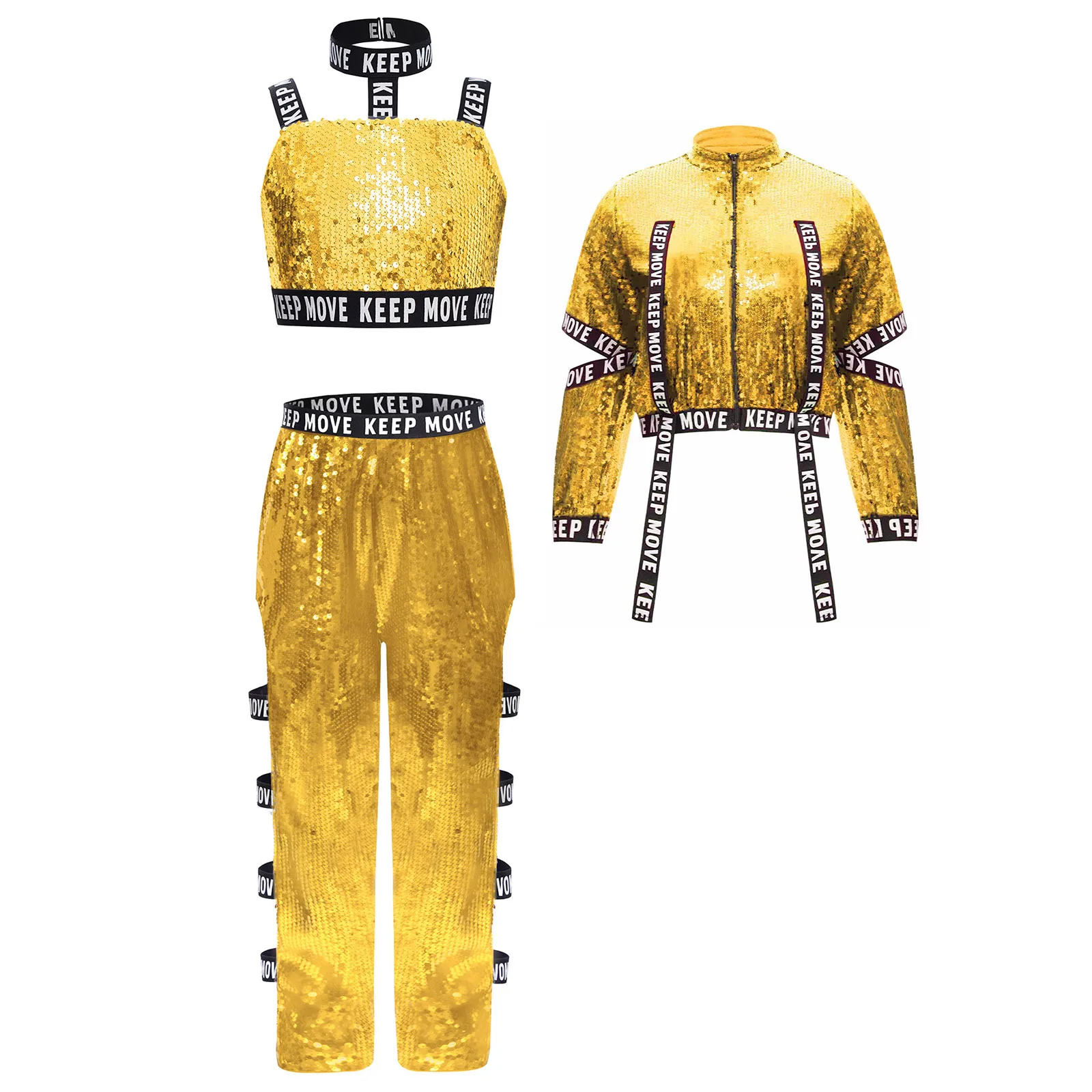 Children Girls Shiny Sequin Hip-Hop Jazz Street Dance Costume Letter Printed Jacket with Pants Crop Vest School Party Dancewear