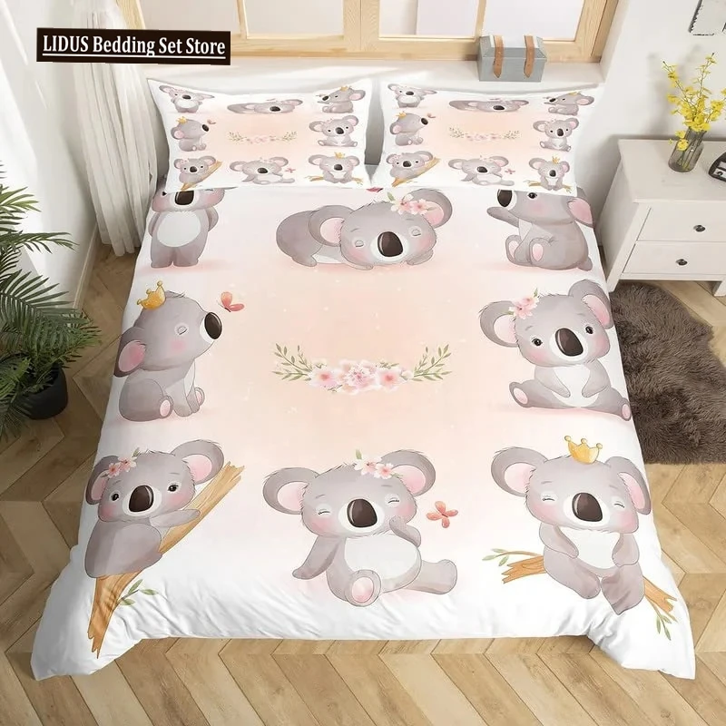 

3D Koala Duvet Cover Set Microfiber Cartoon Leaves Boys Bear Australian Wildlife Themed Bedding Set Queen Size Comforter Cover