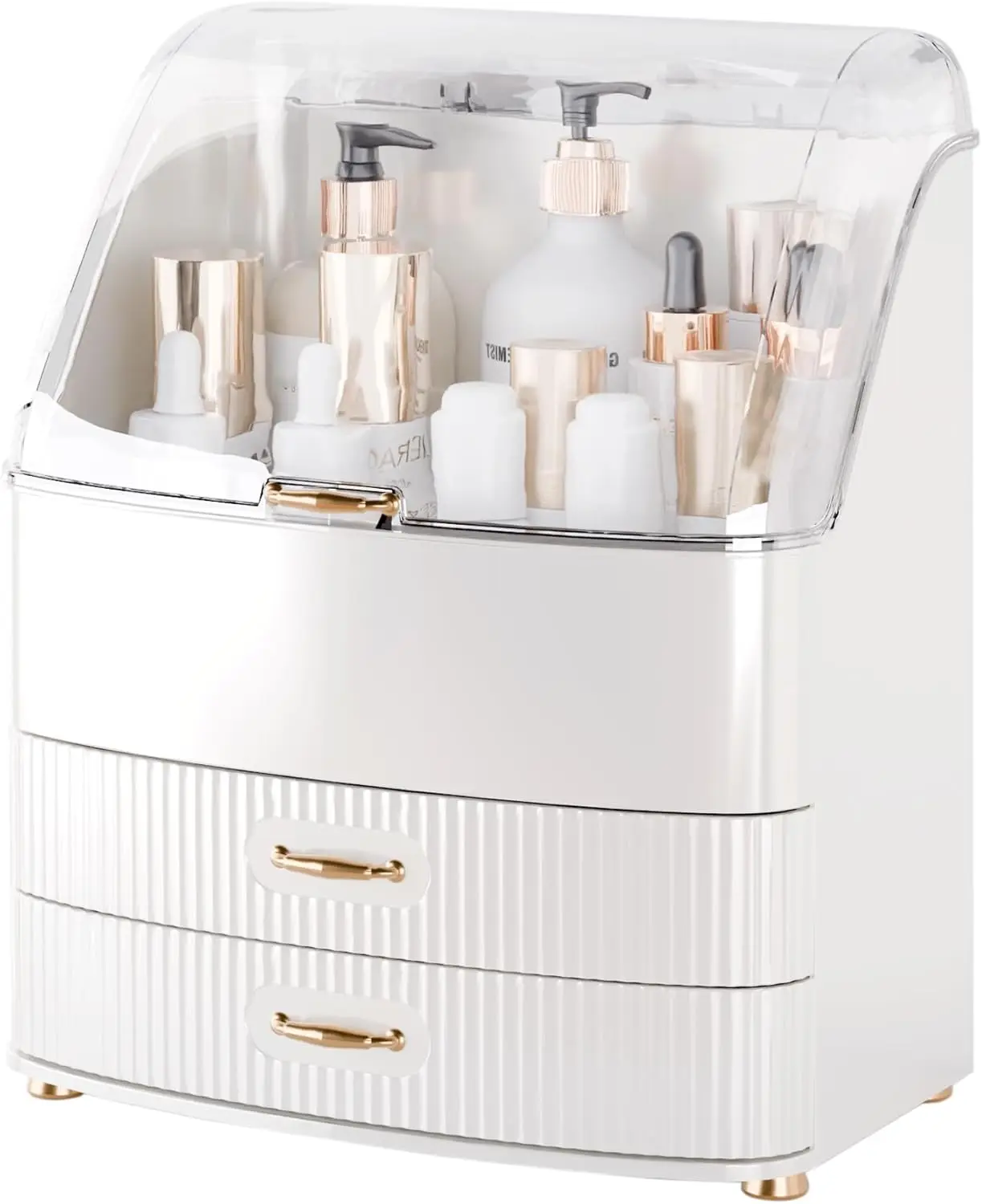 

Органайзер для макияжа с прозрачной крышкой и ящиками, водонепроницаемый пылезащитный туалетный столик для хранения для женщин-подростков (белый)