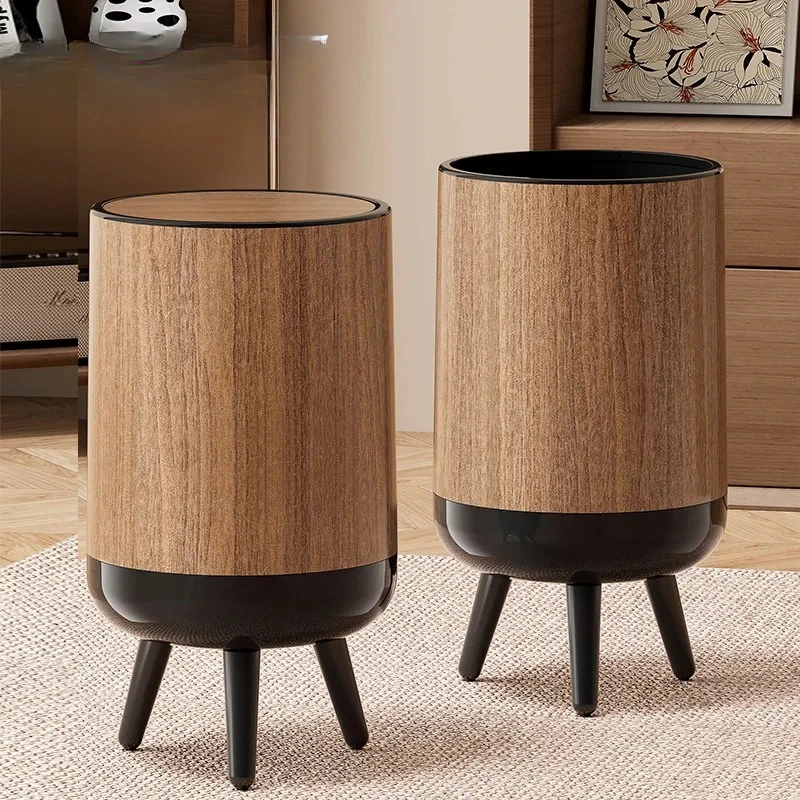 Retro household large-capacity wood-grain trash can, living room, kitchen and bathroom high garbage can with lid