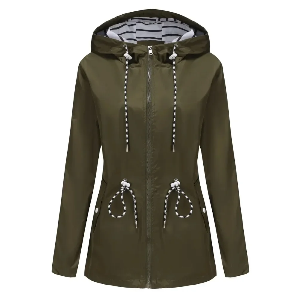 Ladies Long Sleeve Waterproof Long Windbreaker Women Hooded Striped Green Raincoat Large Size Hooded Outerwear Trench Coat S-5XL