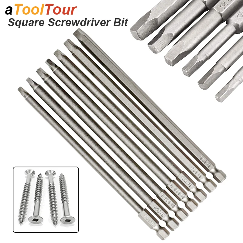 Magnetic Square Screwdriver Bit Set S2 Steel Screw Drill Socket SQ Head Tip Adapter Precision Bat Power Tool Long 1/4in Shank