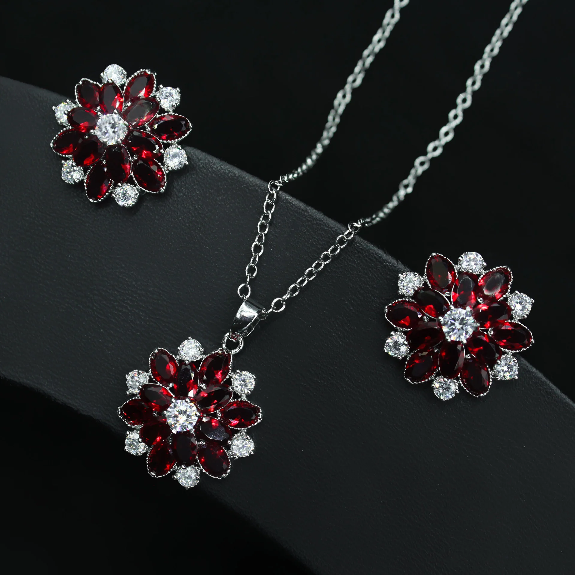 Luxury brand genuine real jewels New Korean fashion rose Zircon Pendant Necklace Earrings two-piece set snowflake clavicle chain