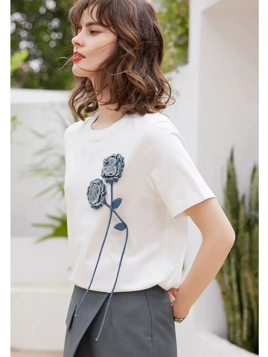 LOUIS YAO Women T-shirt 2024 Summer Casual Tee 3D Flower Loose O Neck Short Sleeve Basic Pullover Top