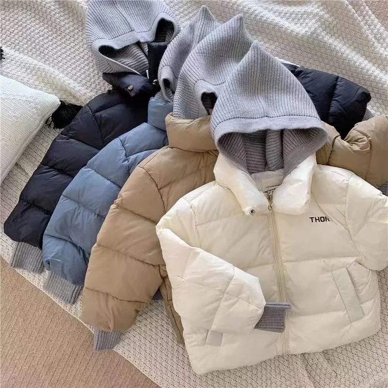 2024 New Winter Baby Toddler Boy Korean Style Knitted Patchwork Hooded Jacket Coat Thicken Outdoor Wear 2-7 Years