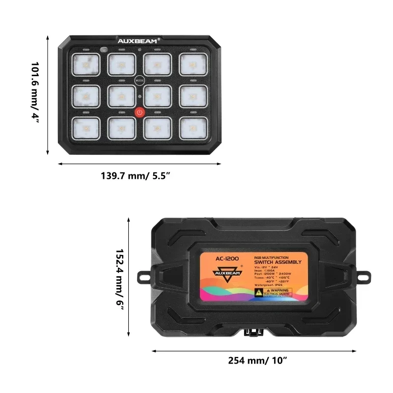 Auxbeam Universal AC-1200 RGB 12 Gang Bluetooth Switch Panel with App and Remote Control (One-Sided Outlet)