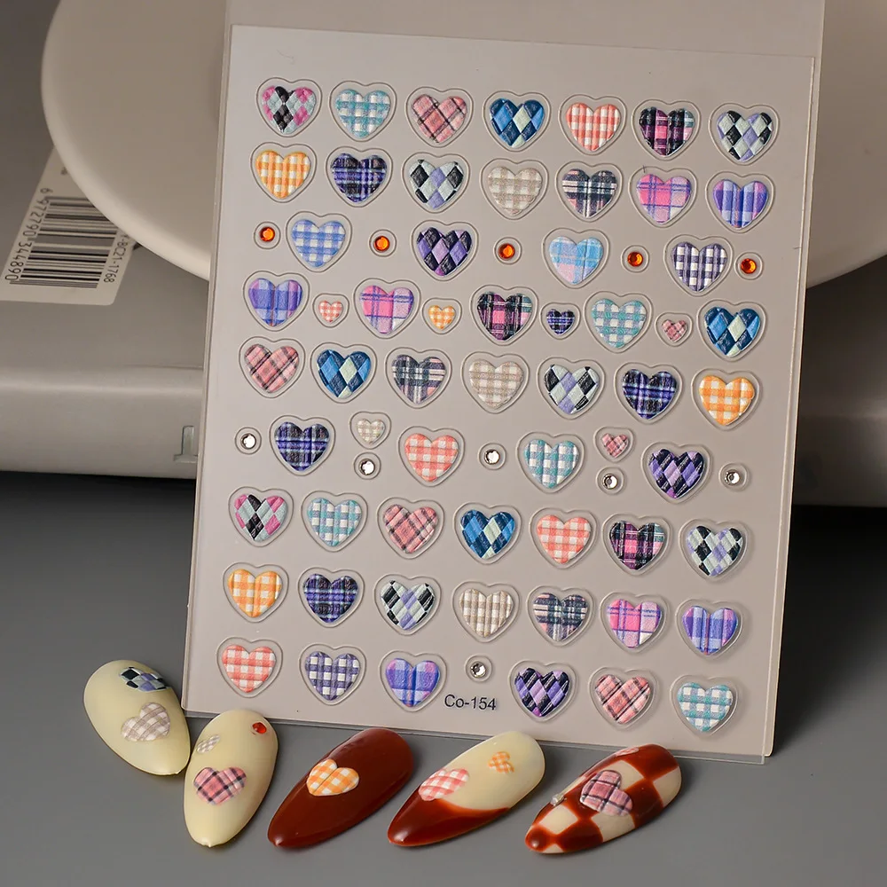 Relief Waffle Macaroon Dazzle Love Heart Shape Nail Stickers Plaid Drill  Flowers Pink Rococo Style Nails Art Decorations