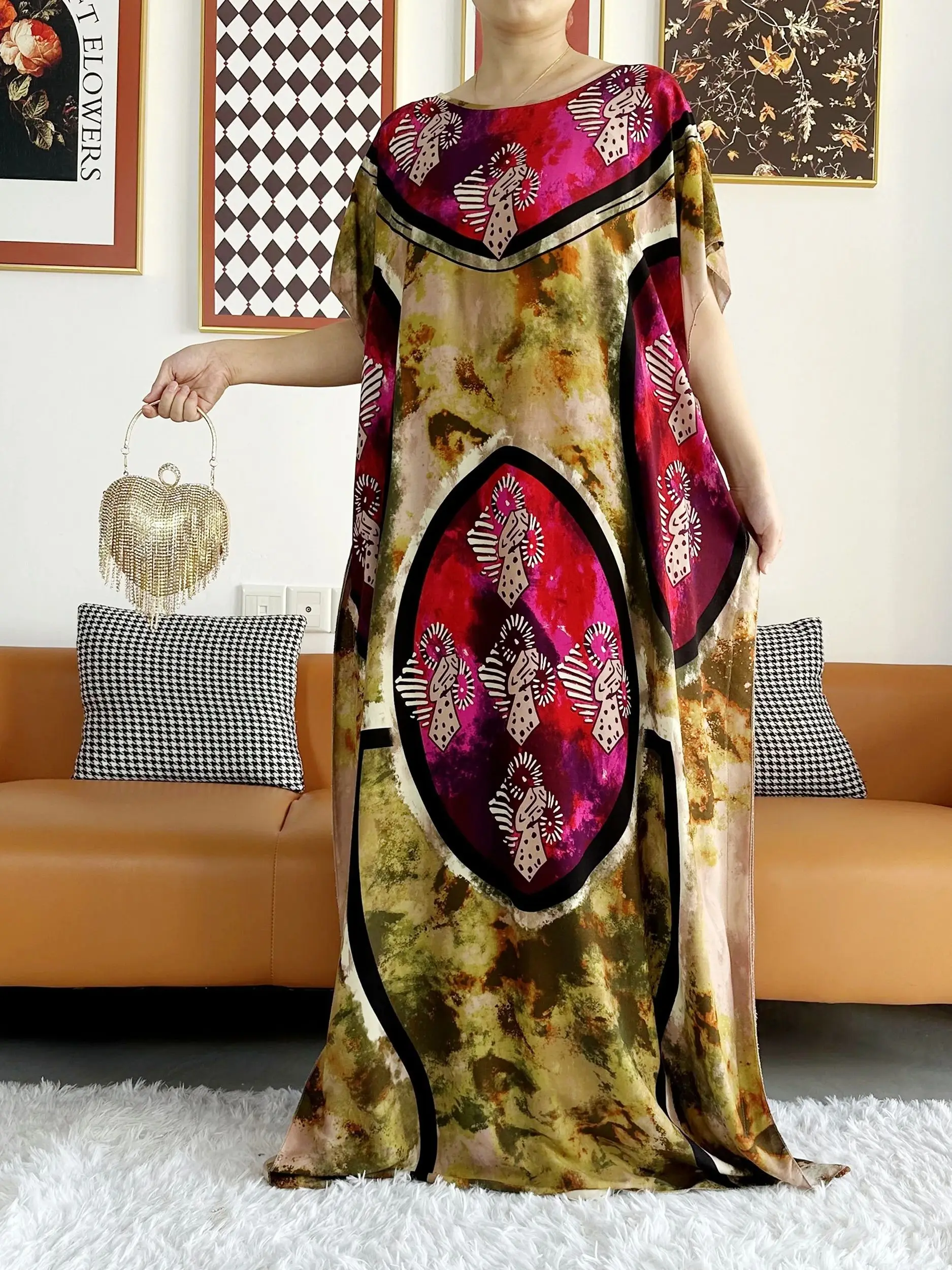 2023 Summer African Short Sleeve  100% Cotton Dresses With Big Scarf Loose Printing Floral Boubou Maxi Islam Women Abaya Clothes