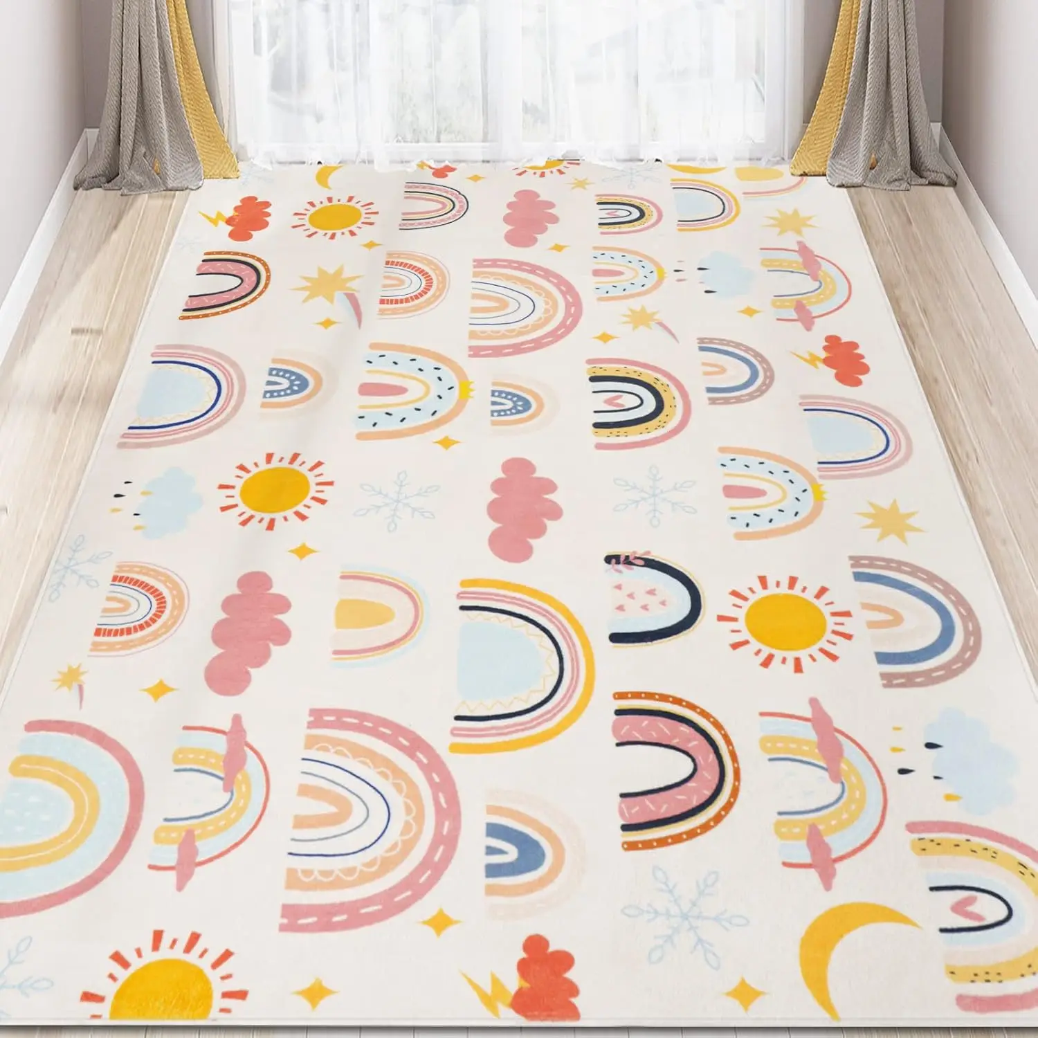 Multi Pastel Rainbow Print Rug,Sun Cloud Star Kids Nursery Pattern,Non-Slip Washable Mat for Living Room Sofa Dining Room Indoor
