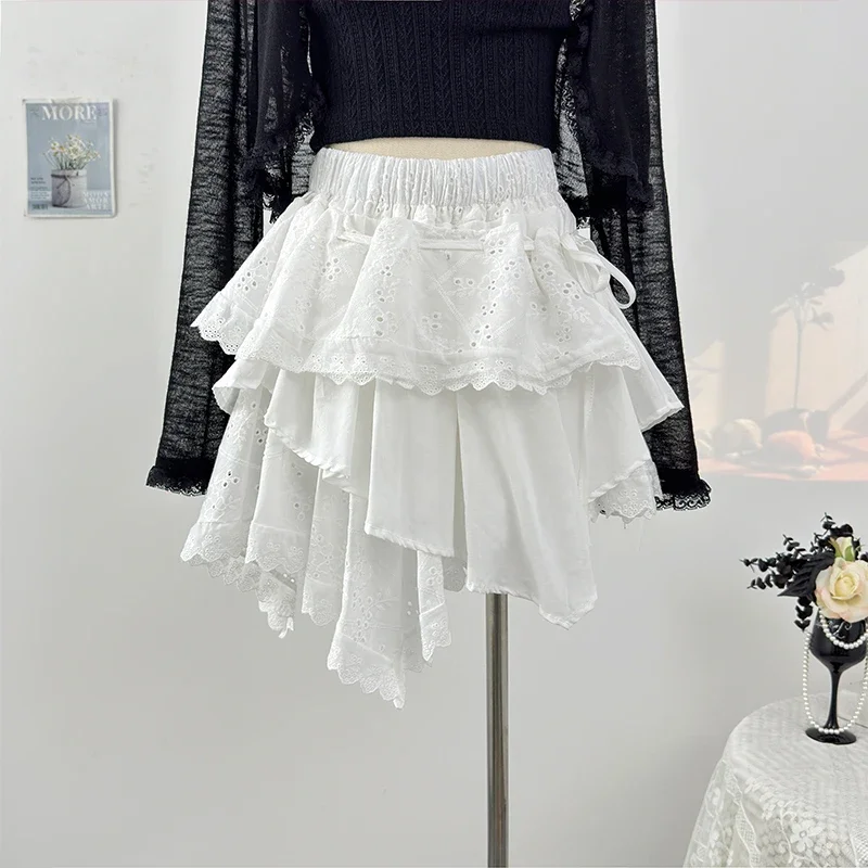 Irregular Design White Cake Skirts Women 2025 Spring Sweet Embroidery Hollowed Out Lace Up Fluffy Short Skirt Casual