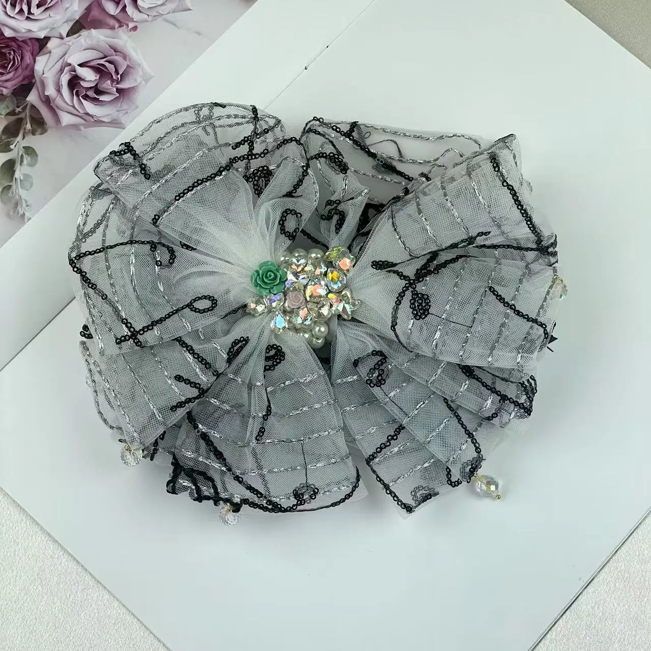 Horquilla original resistente con satén, diamantes de imitación, lazo de malla, accesorio para el cabello con clip de resorte elegante y dulce