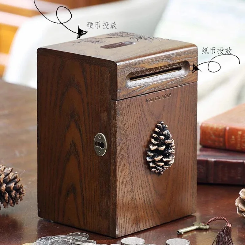 Solid wood piggy bank box, coin piggy bank, change bank with lock