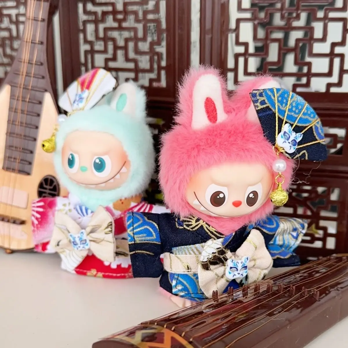 

For 10cm Mini Labubu Clothing Set Japanese Kimono Geisha 4.0 Labubu Clothes Outfit Folding Fan Mask DIY Doll Accessories Toys