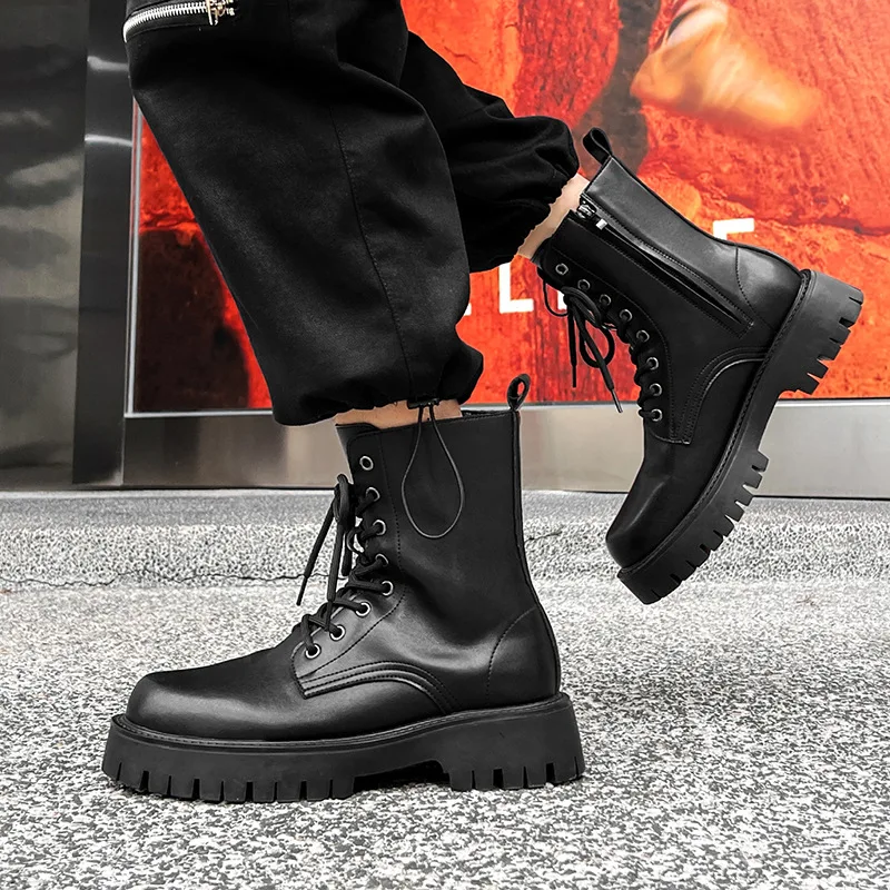 

mens casual party nightclub original leather boots black stylish platform shoes cowboy autumn winter boot long motorcycle botas