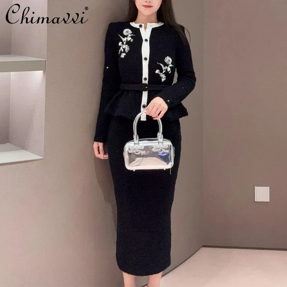 

Autumn Winter High-end Sequin Embroidery Knitted Ruffle Hem Dress Fashion Long Sleeve High Waist Elegant Long Women's Dress