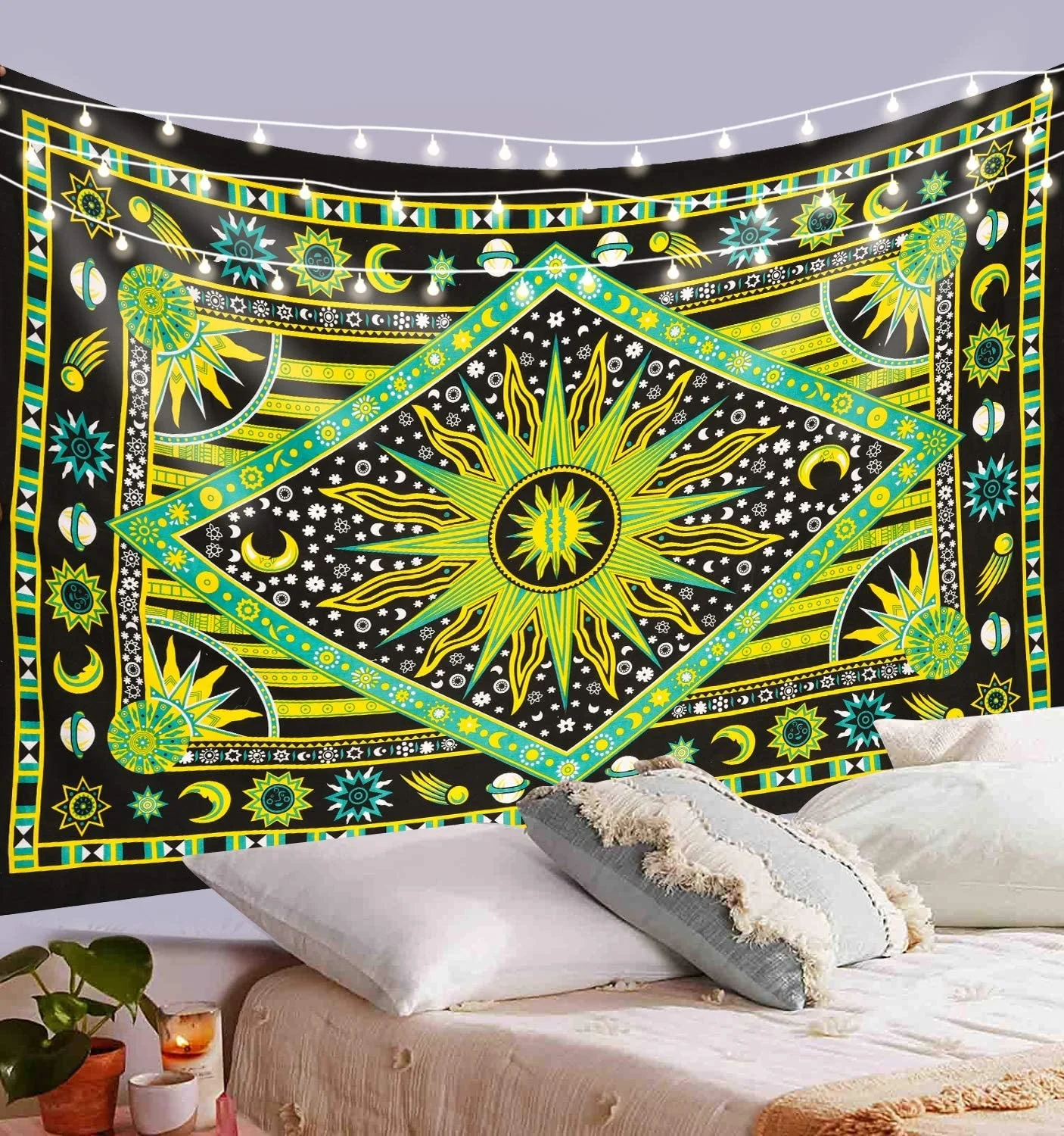 Anjaniya Burning Tapestry Body Sun Moon Star Planet Medium Tarot Wall Hanging Bohemian Hippie PRINTED