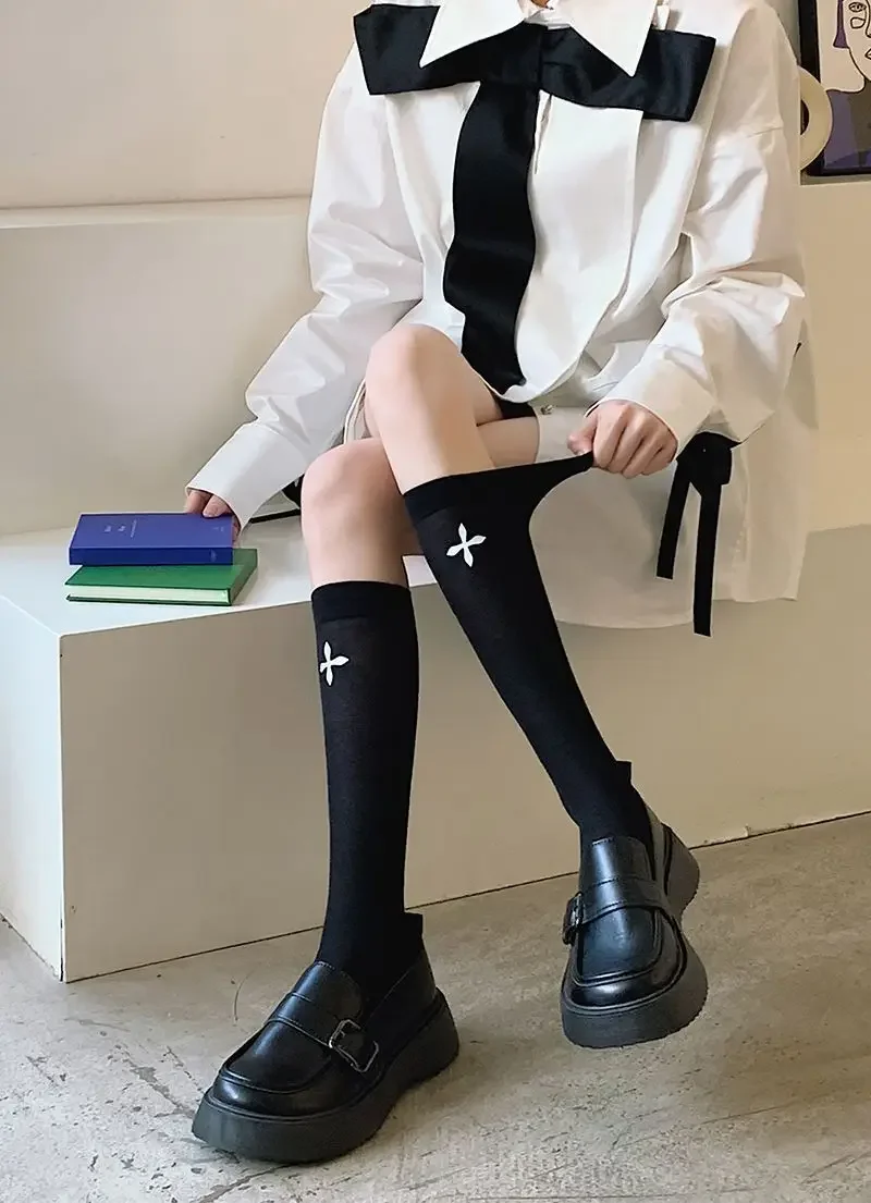 Cross pure desire calf socks summer thin bow female black and white solid color day thin thin leg 2 pairs