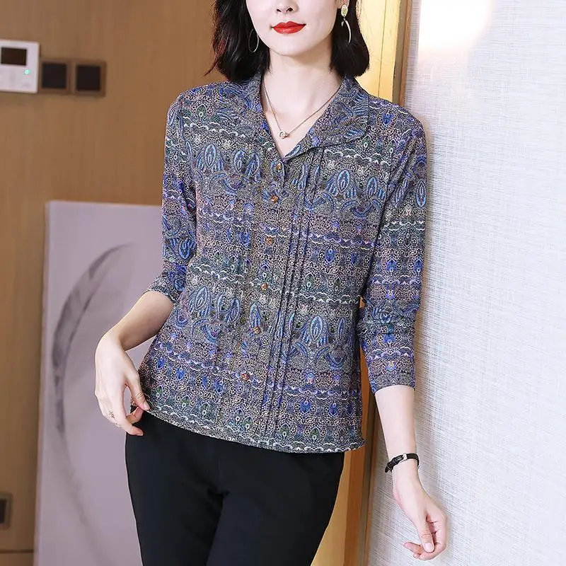 Spring Autumn Turn-down Collar Long Sleeve Fashion Blouse Women High Street Printing Pullovers Vintage Elegant All-match Tops