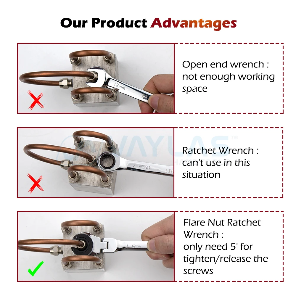 8-19mm Flare Nut Ratcheting Wrench Set with Open Flex-head Metric Tubing Ratchet Spanner 12-Piece Oil Pipe Wrench Key CR-V Steel