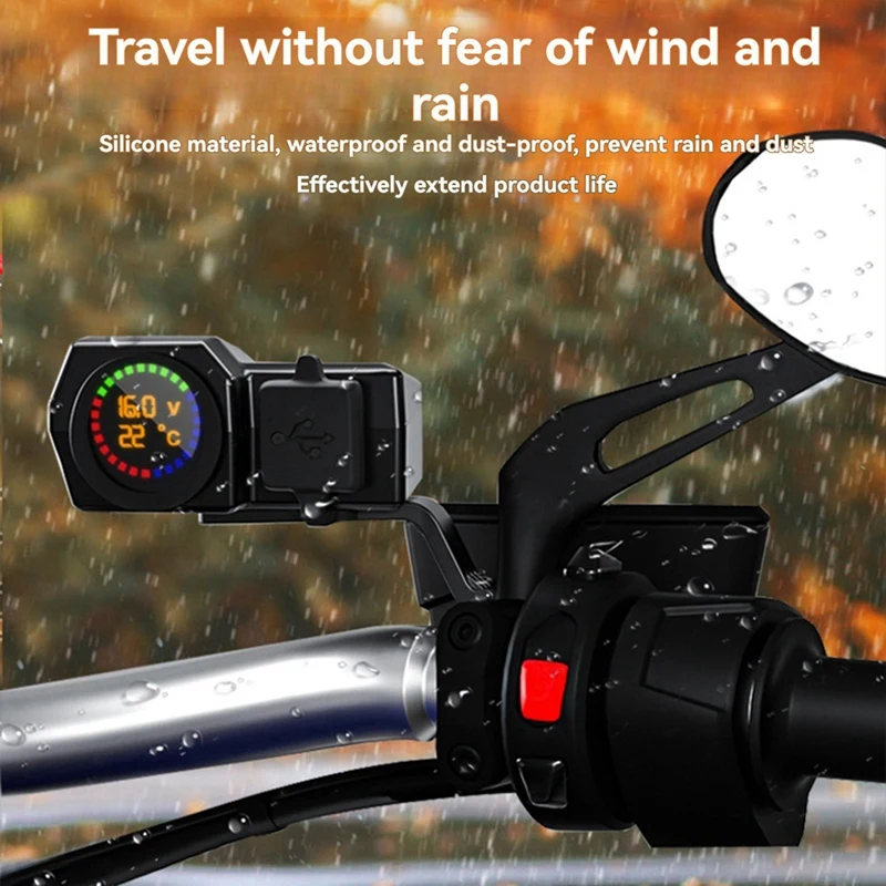 USB Socket Motorcycle Handlebar & Rear Mirror Waterproof Fast Charger Phone Power Adapter Digital Voltmeter Thermometer