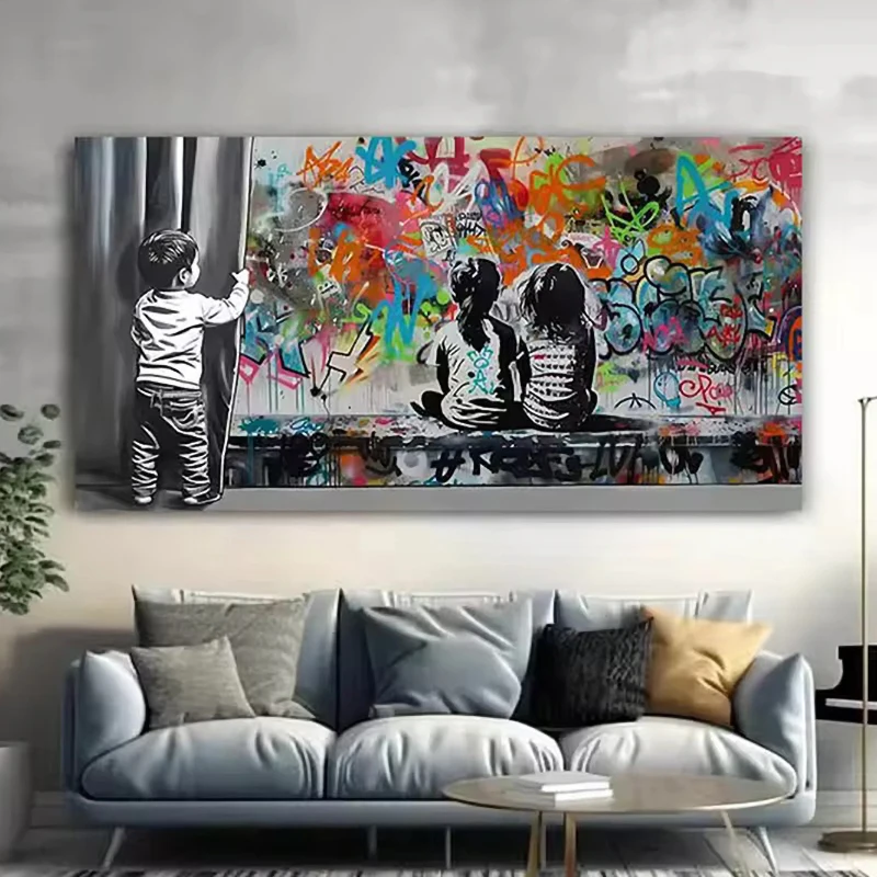 

Graffiti Art Banksy Open The Curtain Poster Printing Girl Looking Up At Dreams Street Canvas Painting Wall Home Decor Picture