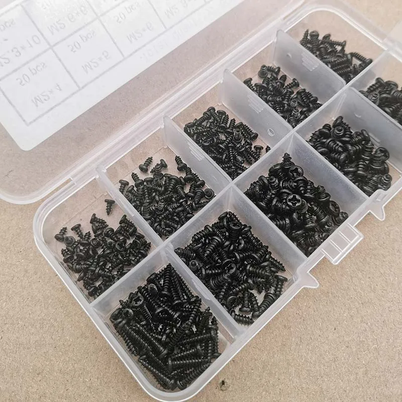 500pcs M2 M2.3 M2.6 M3 PA Phillips Black Screws Pan Round Head Self-tapping Electronic Laptop Screw Small Wood Screws Kit