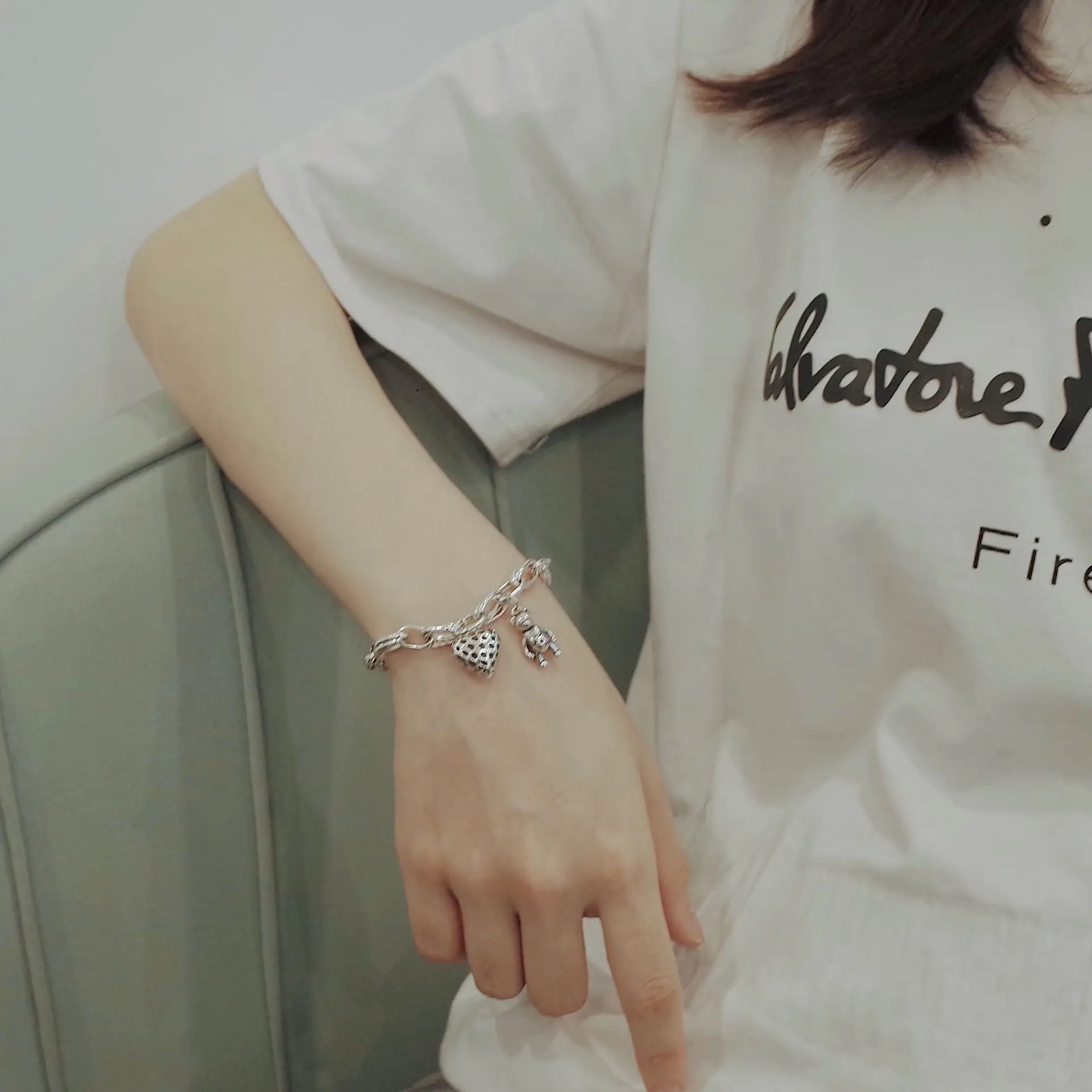New Arrival Romantic Love Heart & Bear Animal Retro Thai Silver Female Charm Bracelet Jewelry For Women Birthday Gifts