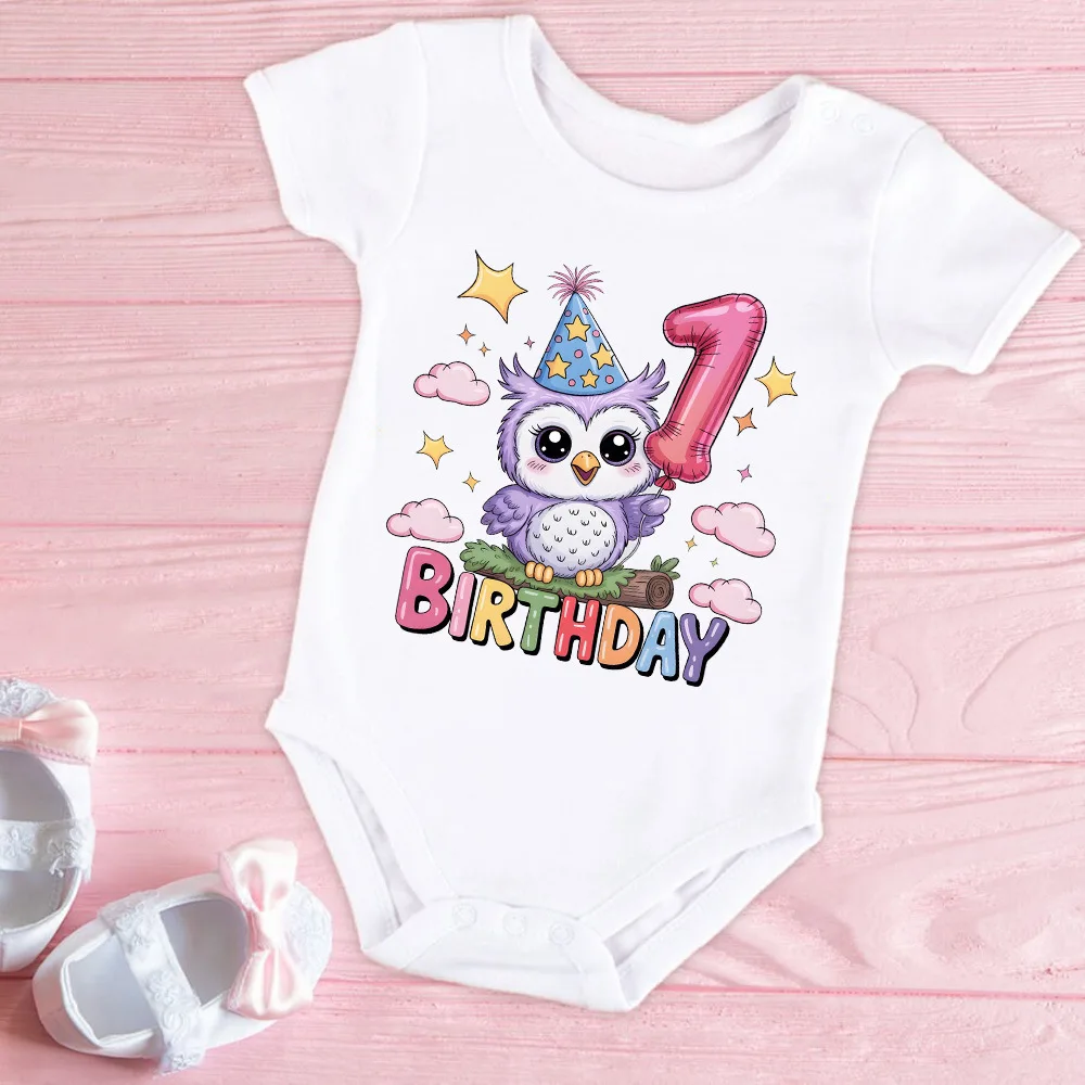 

Cute Owl Print Newborn One Birthday Bodysuit Baby Birthdaty Party Outfit Infant Short Sleeve Romper Clothes Baby Shower Gifts