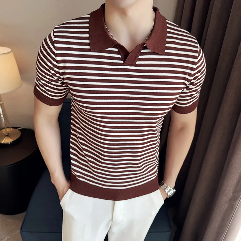 High Quality Striped Knitted Sweater for Men Summer Short Sleeve Casual POLO Shirts Business Social Lapel T-shirts Men Clothing