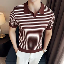 High Quality Striped Knitted Sweater for Men Summer Short Sleeve Casual POLO Shirts Business Social Lapel T-shirts Men Clothing